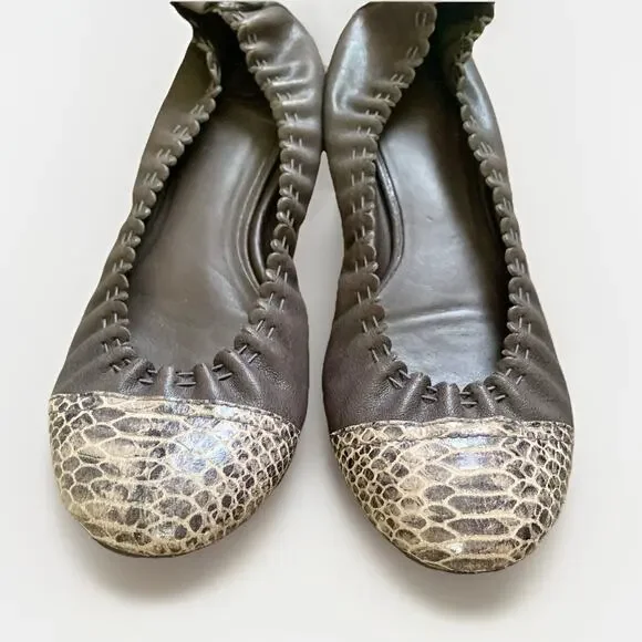 TORY BURCH Leather Snakeskin Ballet Flat Slip-On Shoe Grey Gunmetal Logo WMNS 9 - Picture 6 of 14